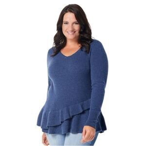 Isaac Mizrahi 2-Ply Cashmere Sweater Peplum Ruffle V-neck Long Sleeve Blue Small